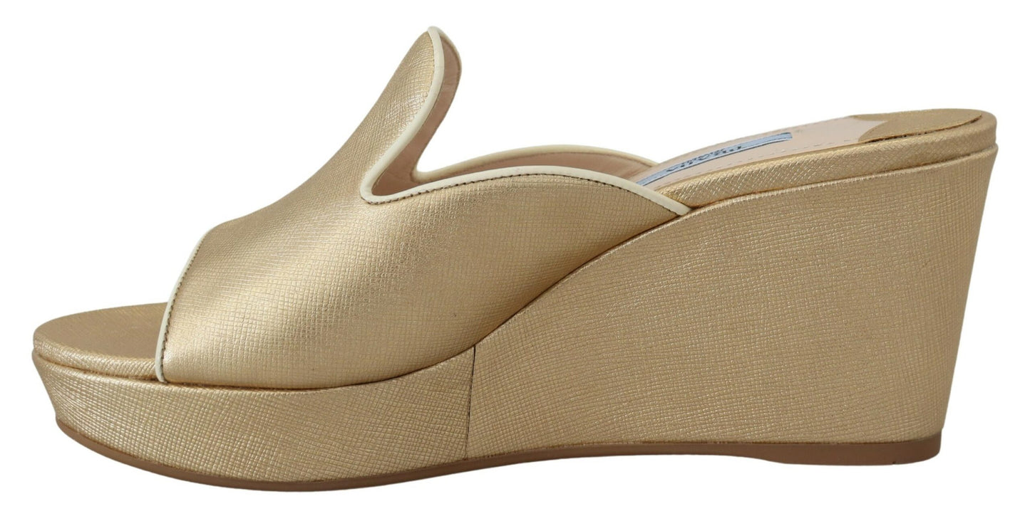 Elegant Gold Leather Wedge Sandals