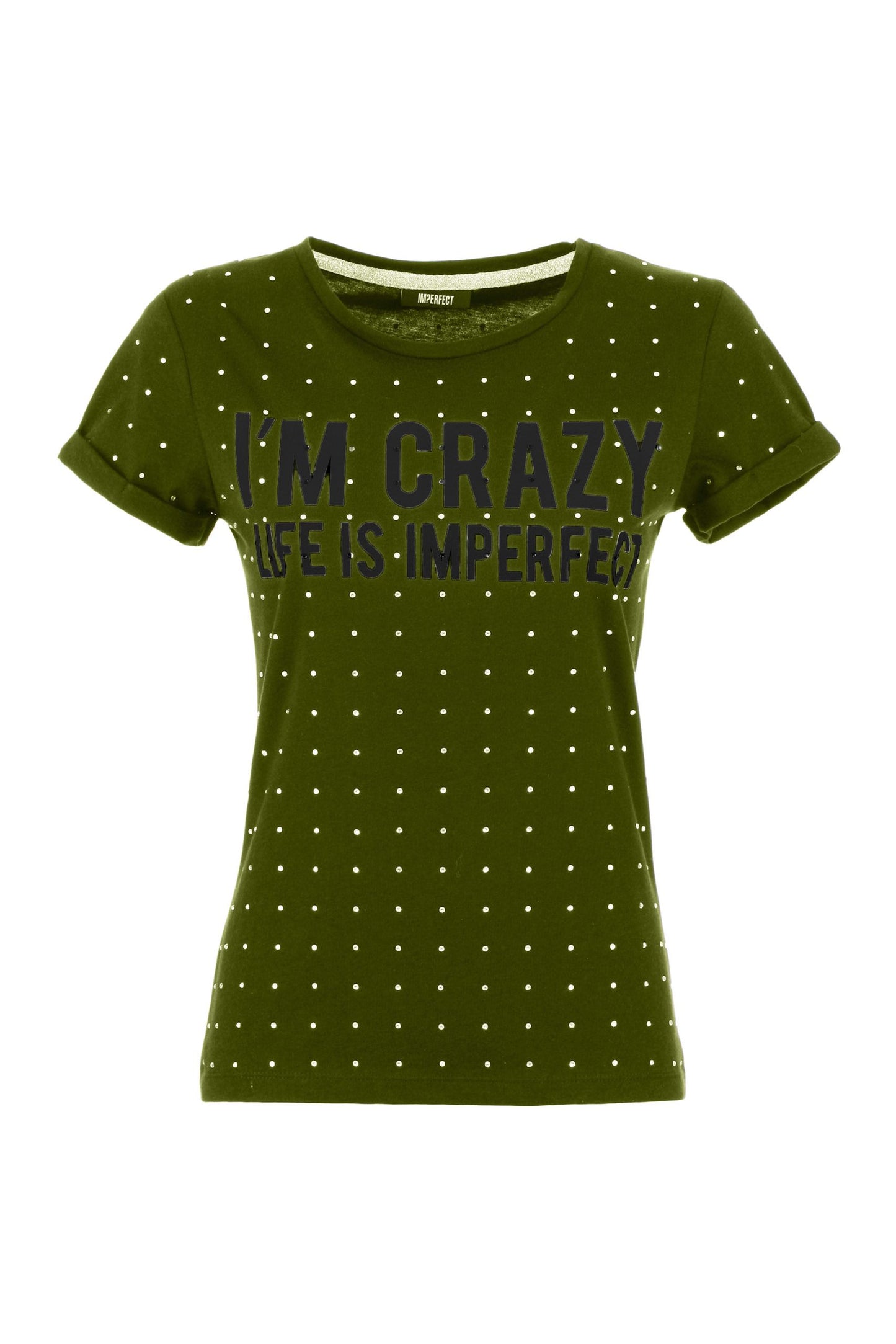 Army Green Strass Embellished Cotton Tee