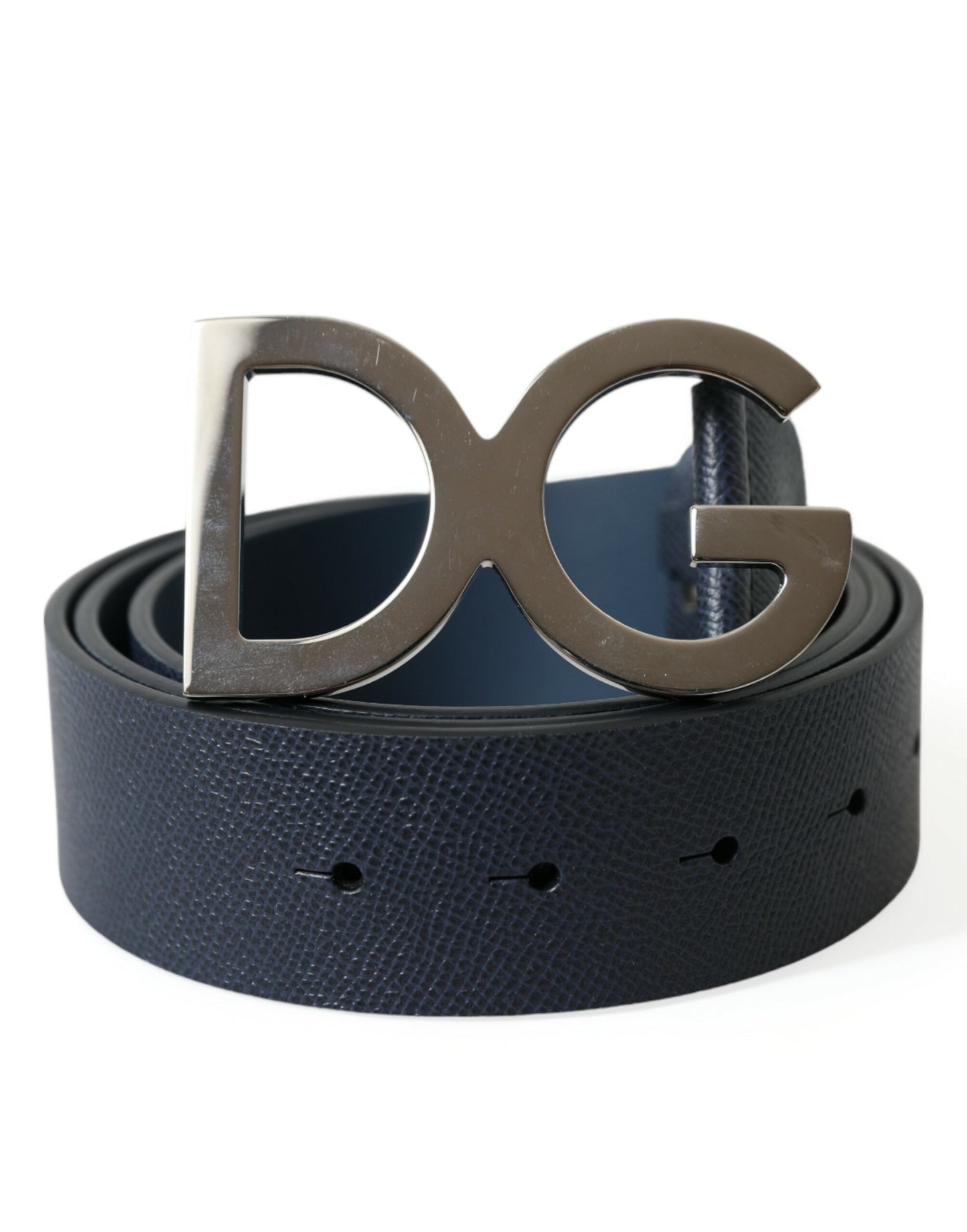 Blue Leather Silver Logo Metal Buckle Belt