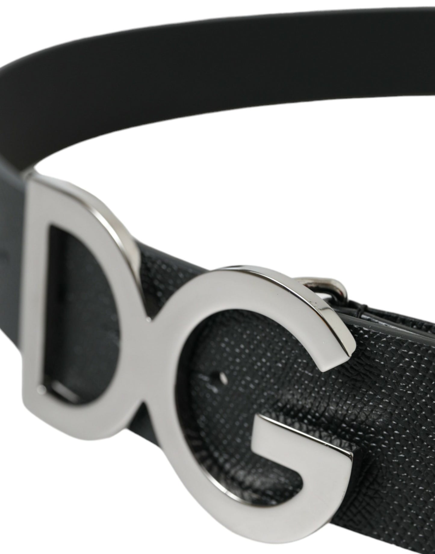 Black Leather Silver Logo Metal Buckle Belt