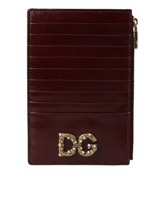 Maroon Leather DG Amore Zip Card Holder Wallet