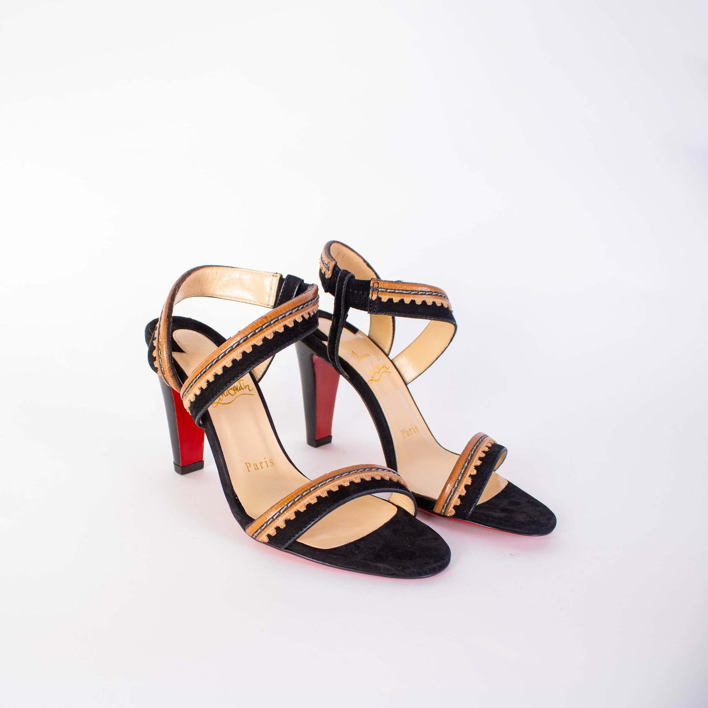 Black Leather Heel Embroidery Sandals