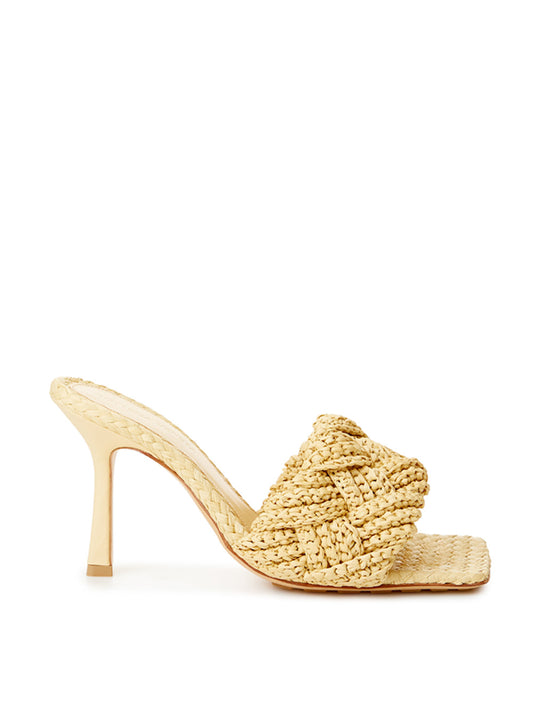 Beige Raffia Heeled Sandal Mule with Intreccio