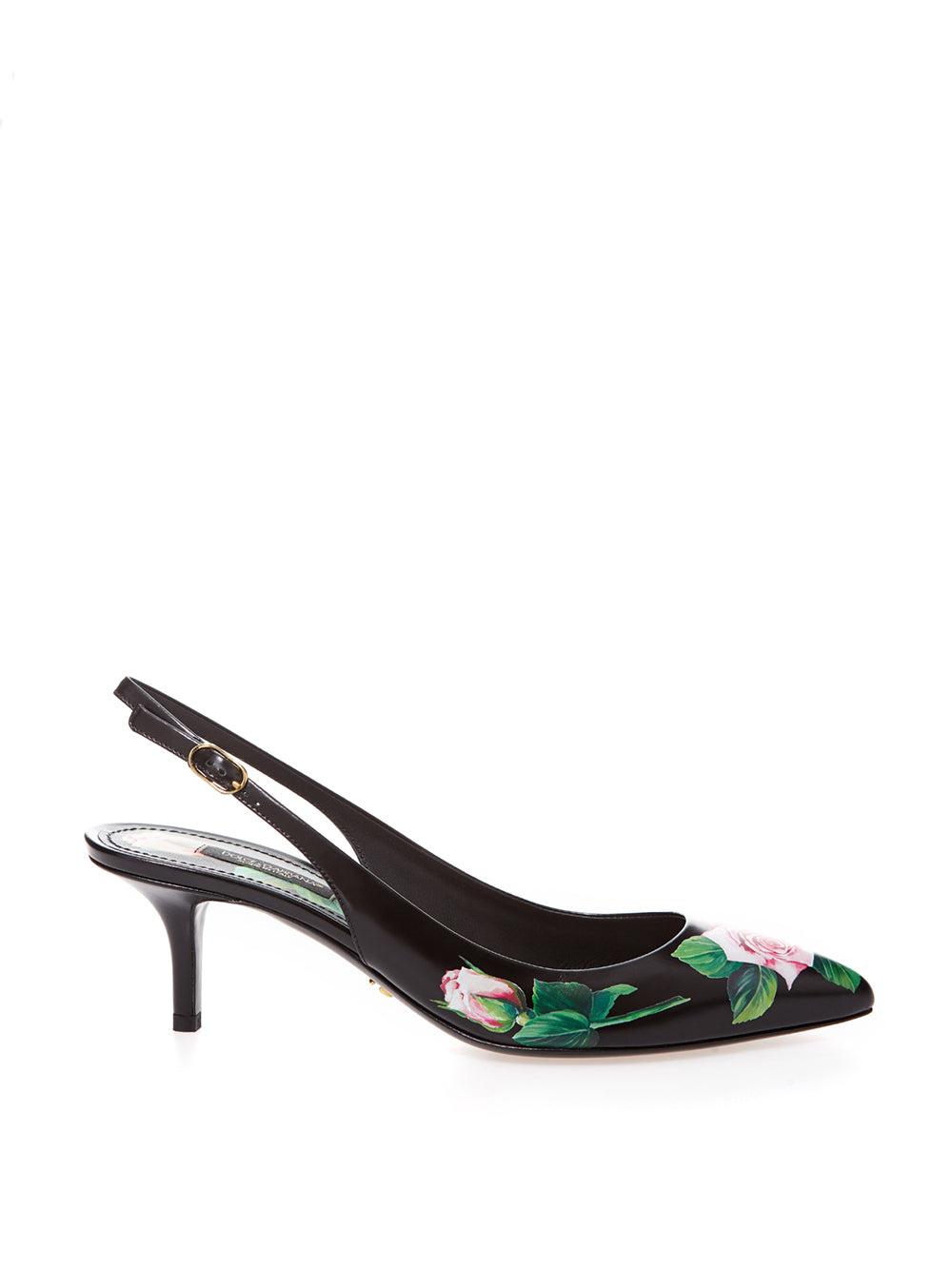 Black Leather Slingback Floral Print Décolleté