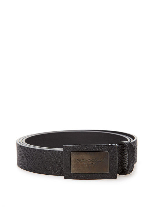 Black Leather Belt with Logo Buckle