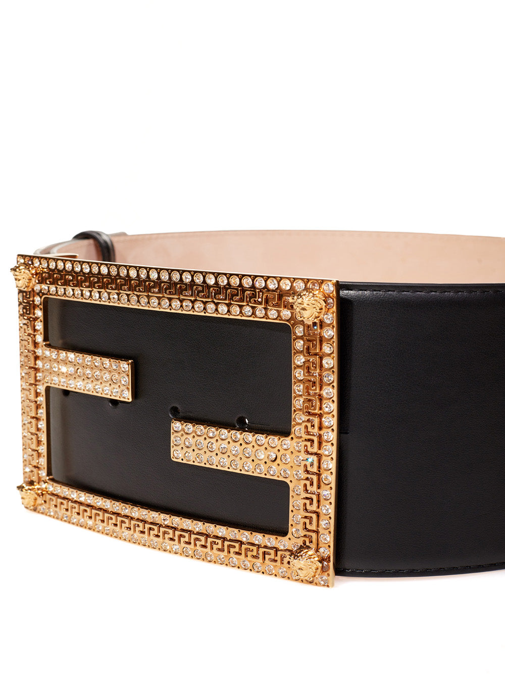 High Leather Black Logo Belt with Crystals