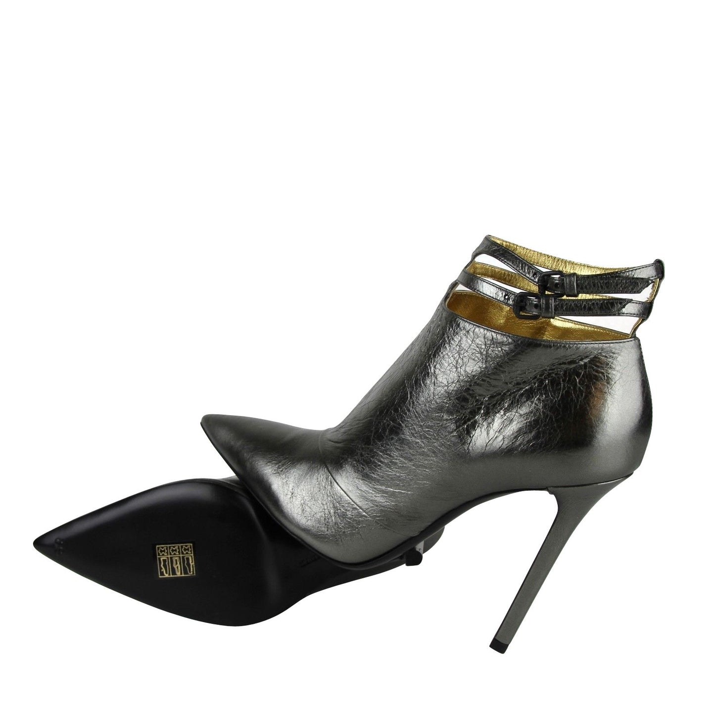 Women's Grey Ankle Metallic Leather Heels With Straps