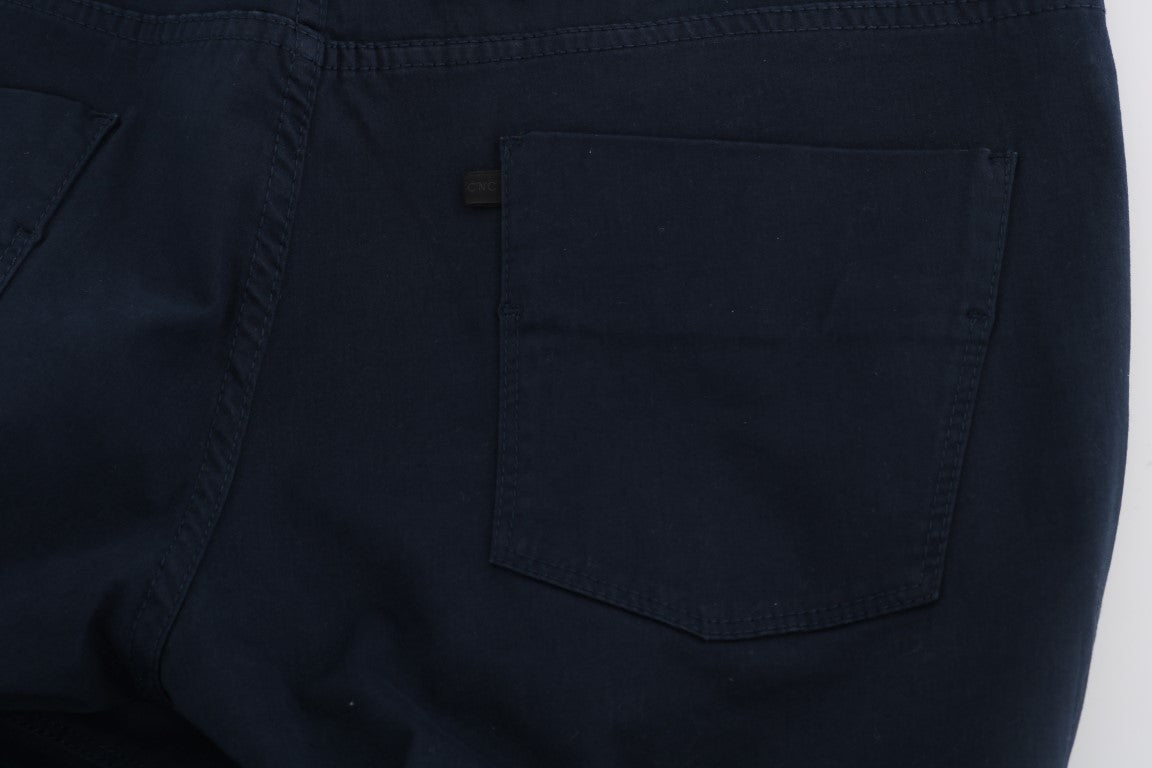 Elegant Blue Slim Fit Cotton Stretch Pants