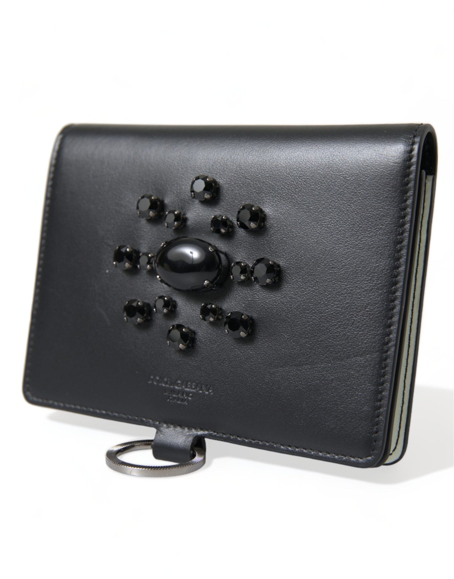 Black Leather Crystal Embellished Card Holder Wallet