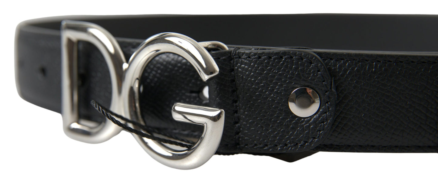 Black Leather Silver Logo Metal Buckle Belt