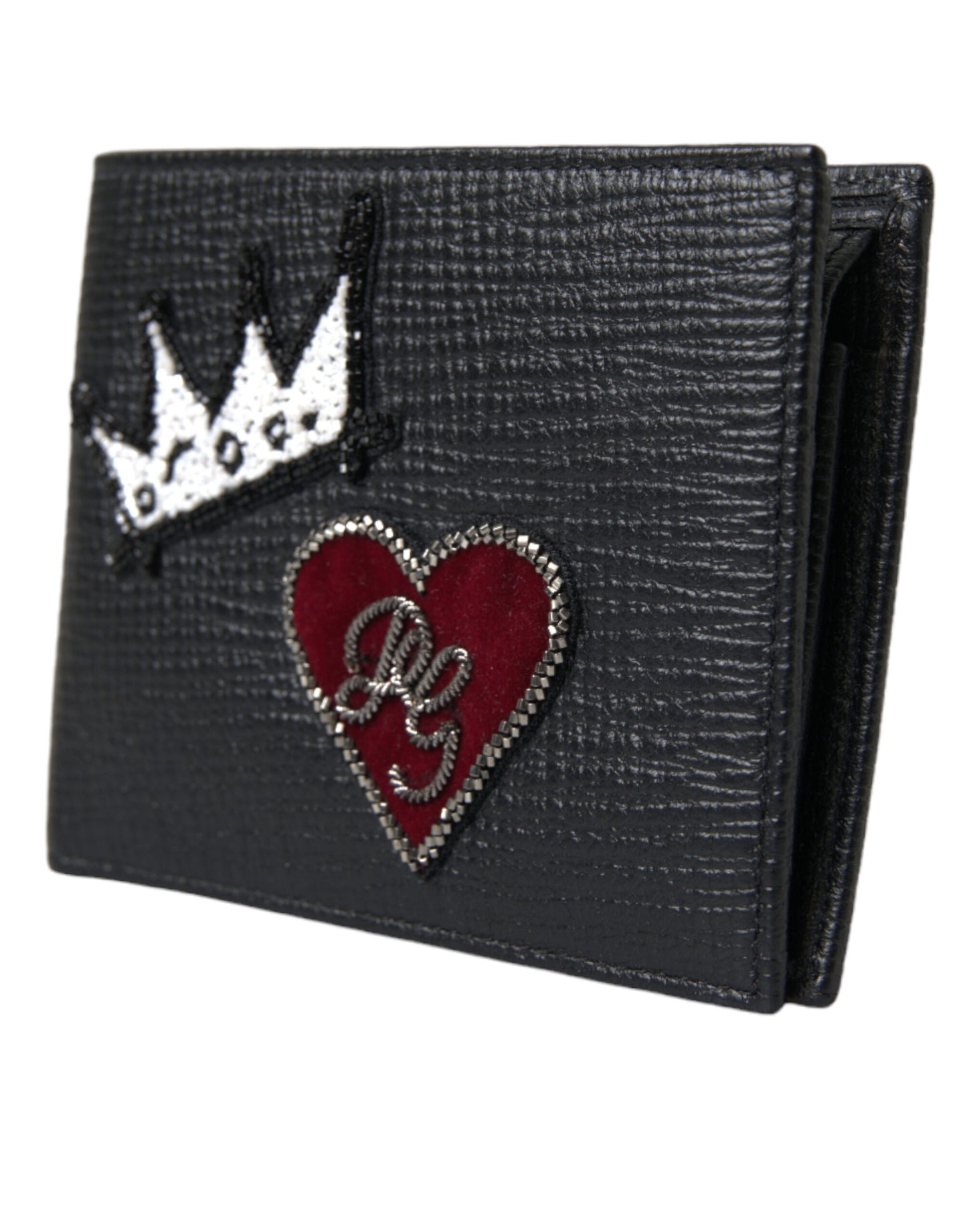 Black Leather Crown Heart Patch Bifold Card Holder Wallet