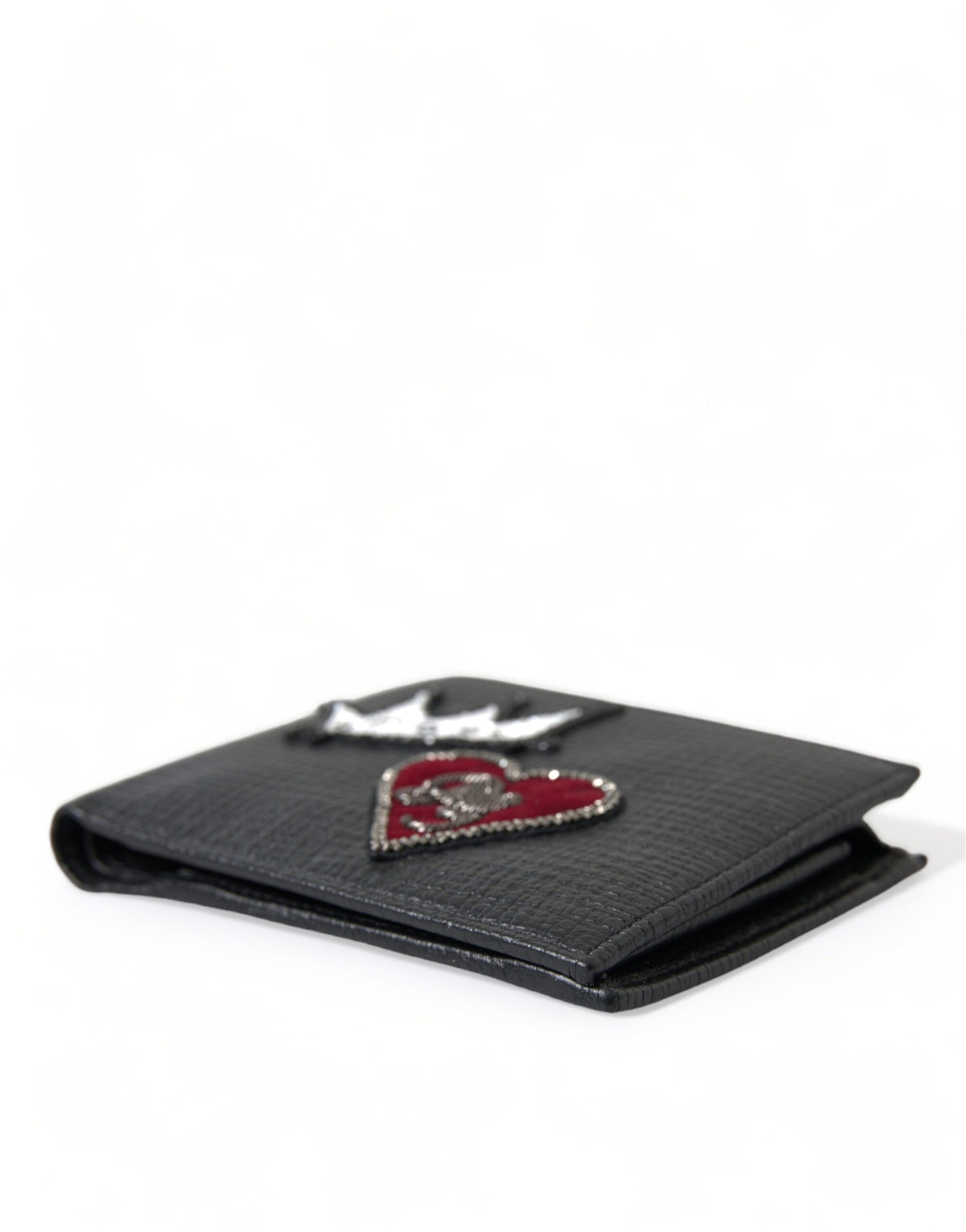 Black Leather Crown Heart Patch Bifold Card Holder Wallet