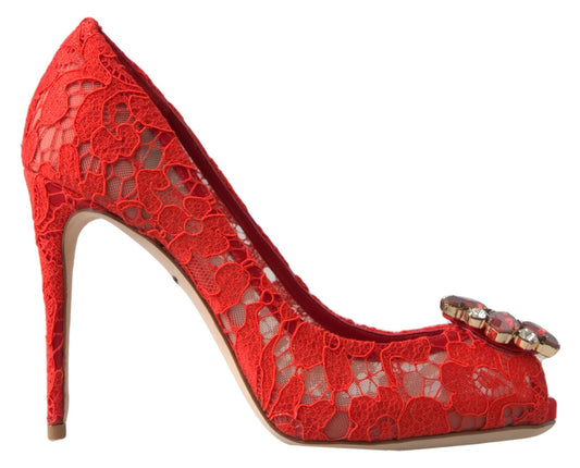 Red Taormina Lace Crystal Heels Pumps Shoes