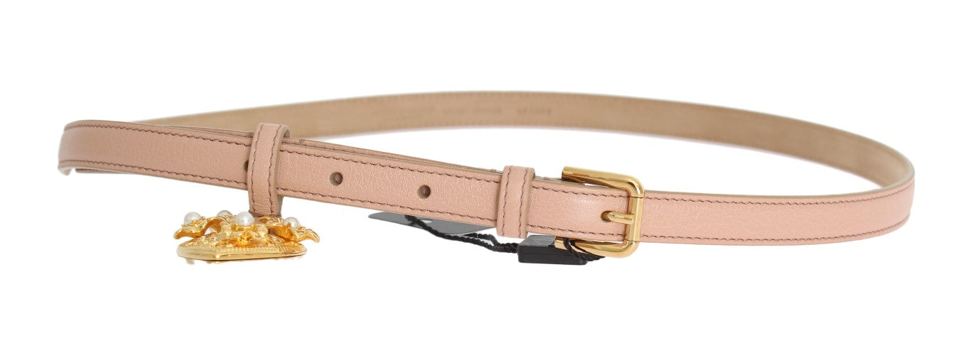 Beige Italian Leather Waist Belt with Gold Detailing