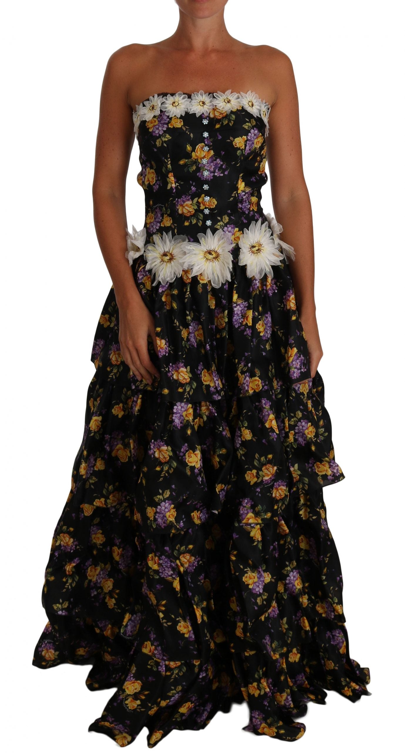 Elegant Floral Silk Maxi Dress with Embellishments
