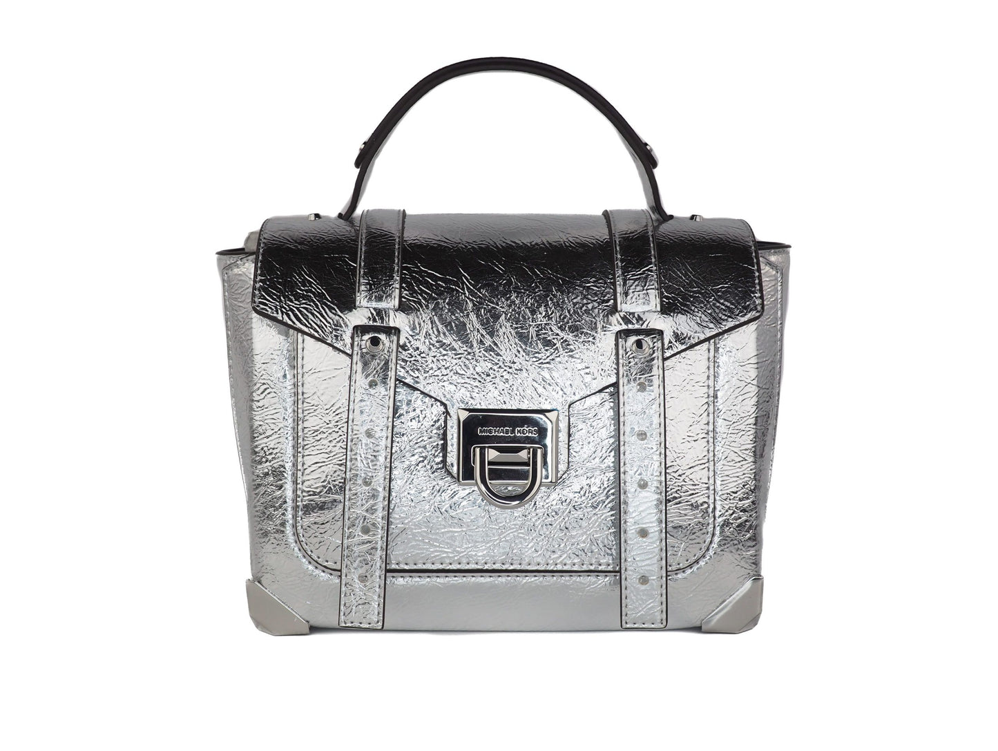 Manhattan Medium Leather Top Handle School Satchel Crossbody Handbag (Silver)