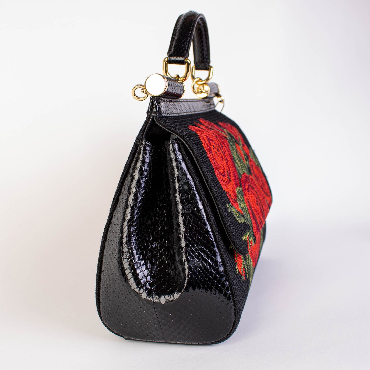 Black Leather Roses Cross Stitch Handbag