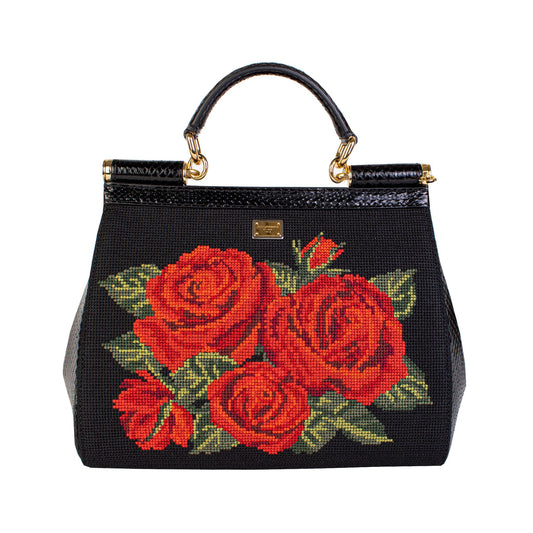 Black Leather Roses Cross Stitch Handbag