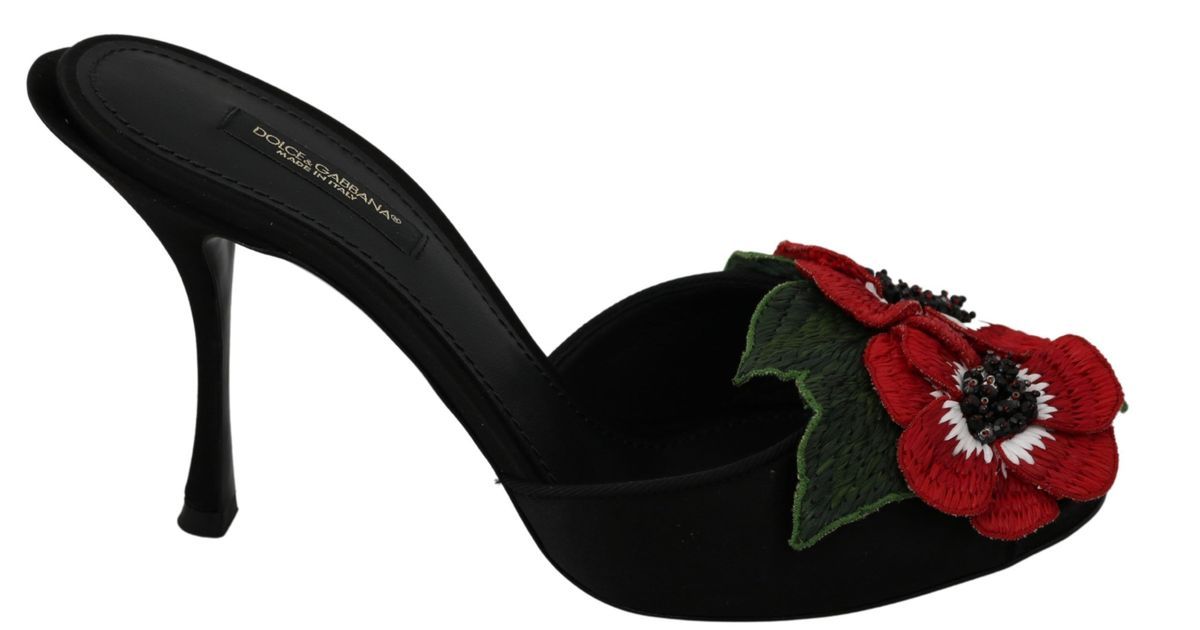 Elegant Black Silk Rose Heeled Sandals