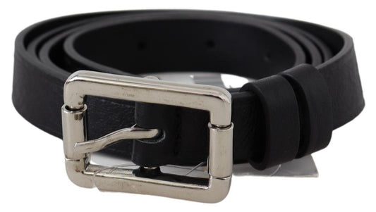 Elegant Black Leather Waist Belt with Silver-Tone Buckle