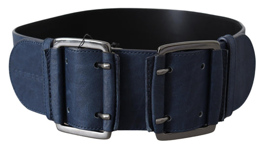 Chic Blue Leather Belt with Silver Tone Hardware