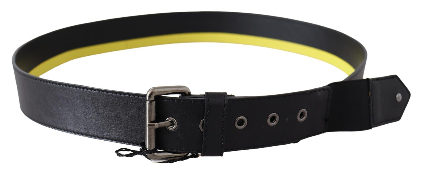 Sleek Black Leather Belt with Yellow Lining