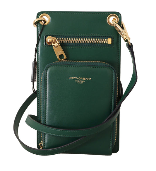 Exquisite Green Leather Phone Wallet with Strap