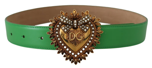 Elegant Green Leather Belt with Gold Buckle