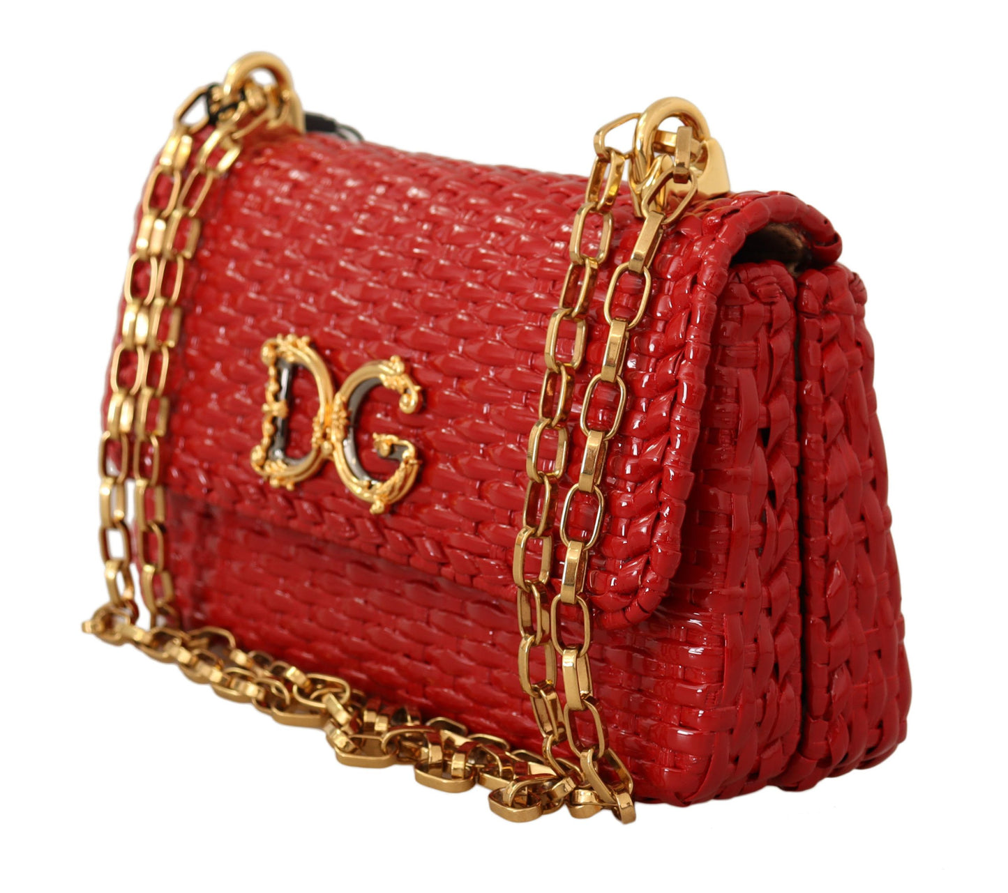 Elegant Red Wicker Shoulder Bag with Gold Chain