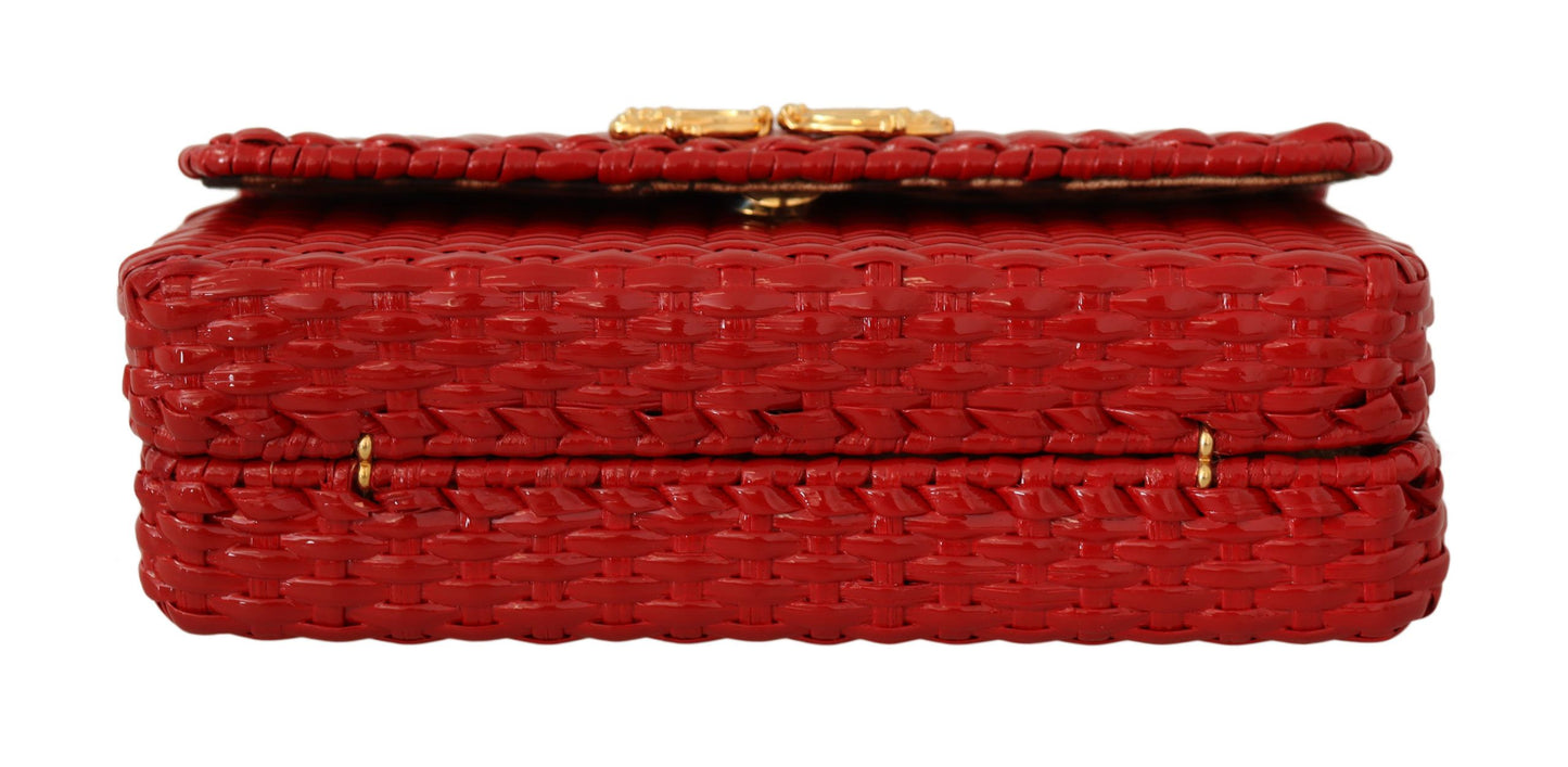 Elegant Red Wicker Shoulder Bag with Gold Chain