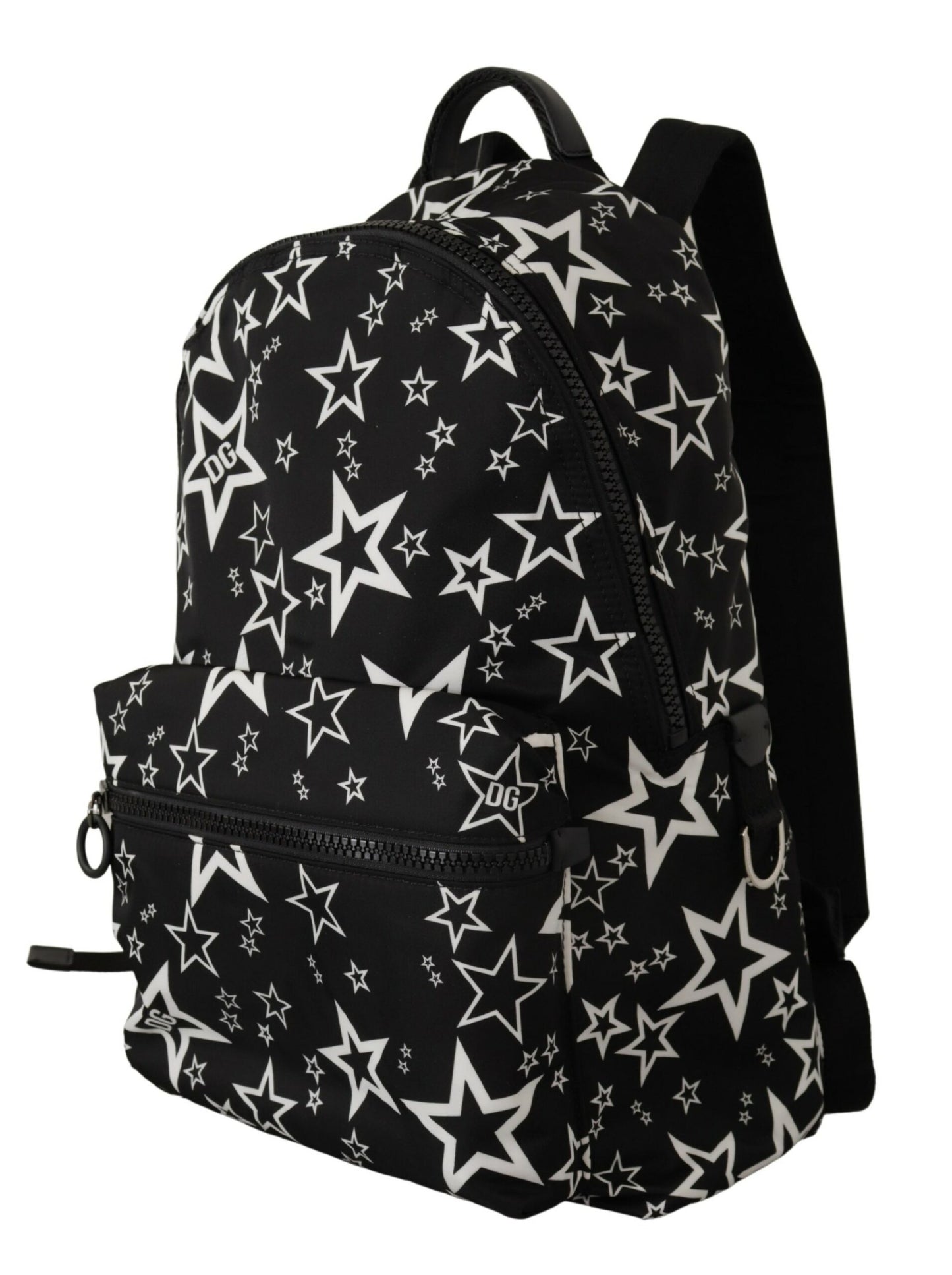 Star Print Designer Backpack - Black Leather & Nylon