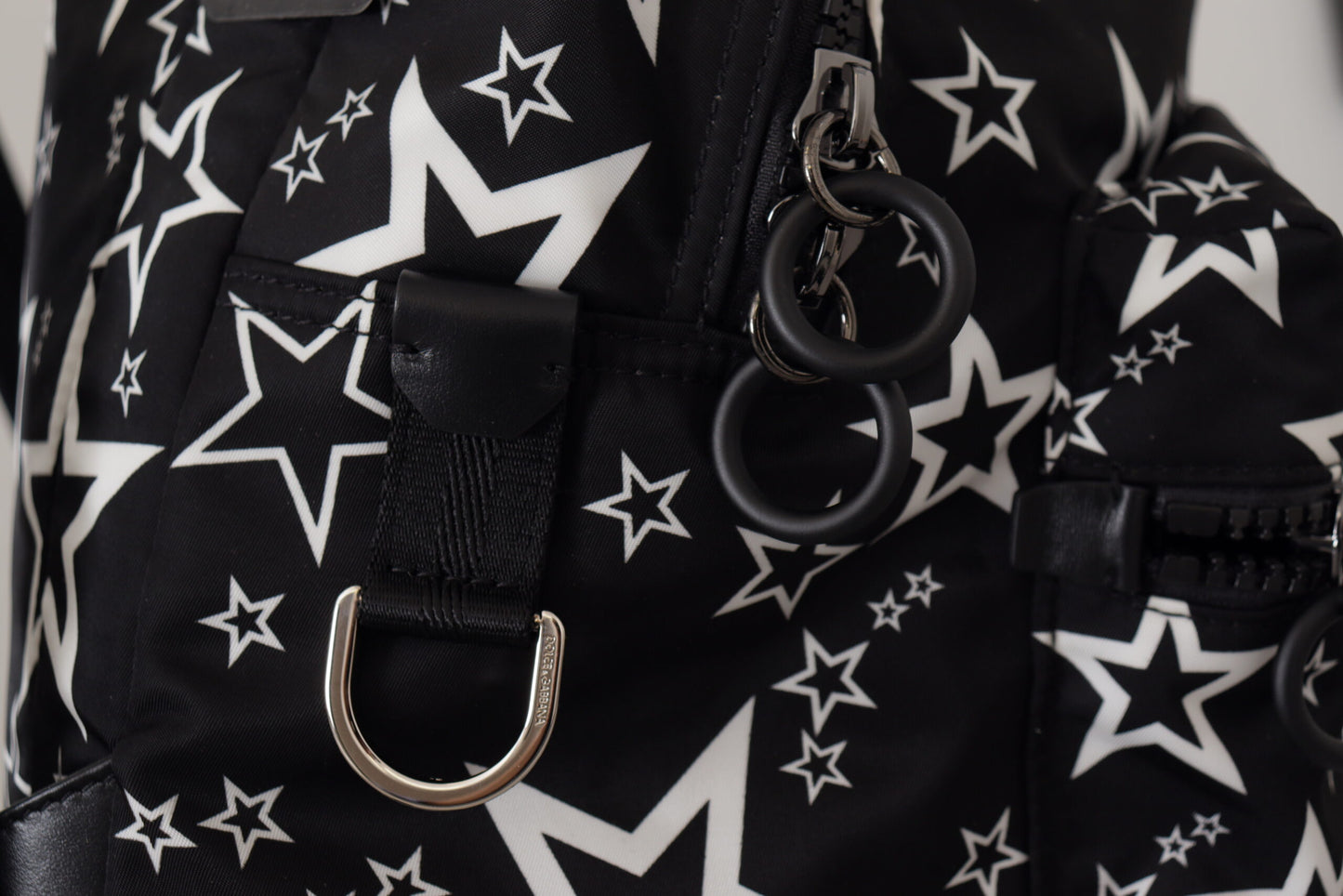 Star Print Designer Backpack - Black Leather & Nylon