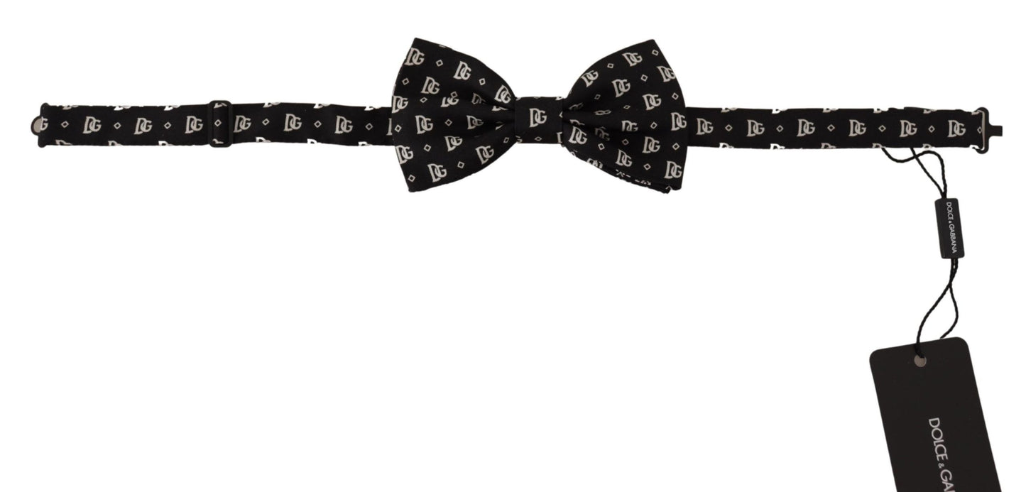 Elegant Silk Bow Tie in Black Logo Pattern