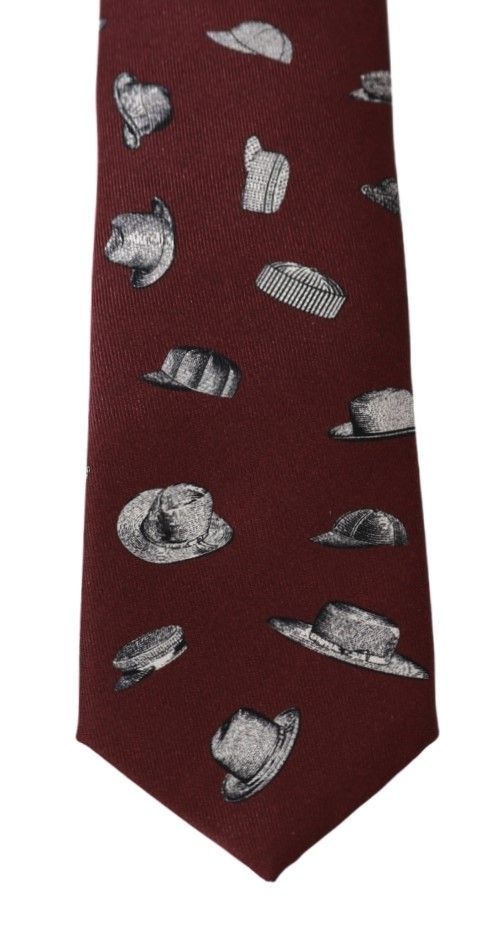 Elegant Silk Tie in Bordeaux with Unique Hat Print