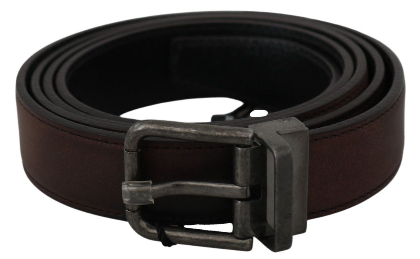 Elegant Brown Leather Belt with Gray Buckle