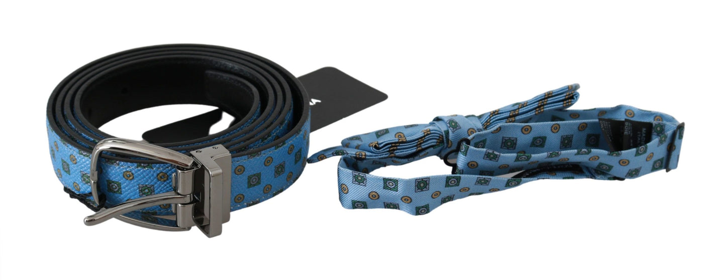 Elegant Blue Baroque Leather Belt & Silk Tie Set