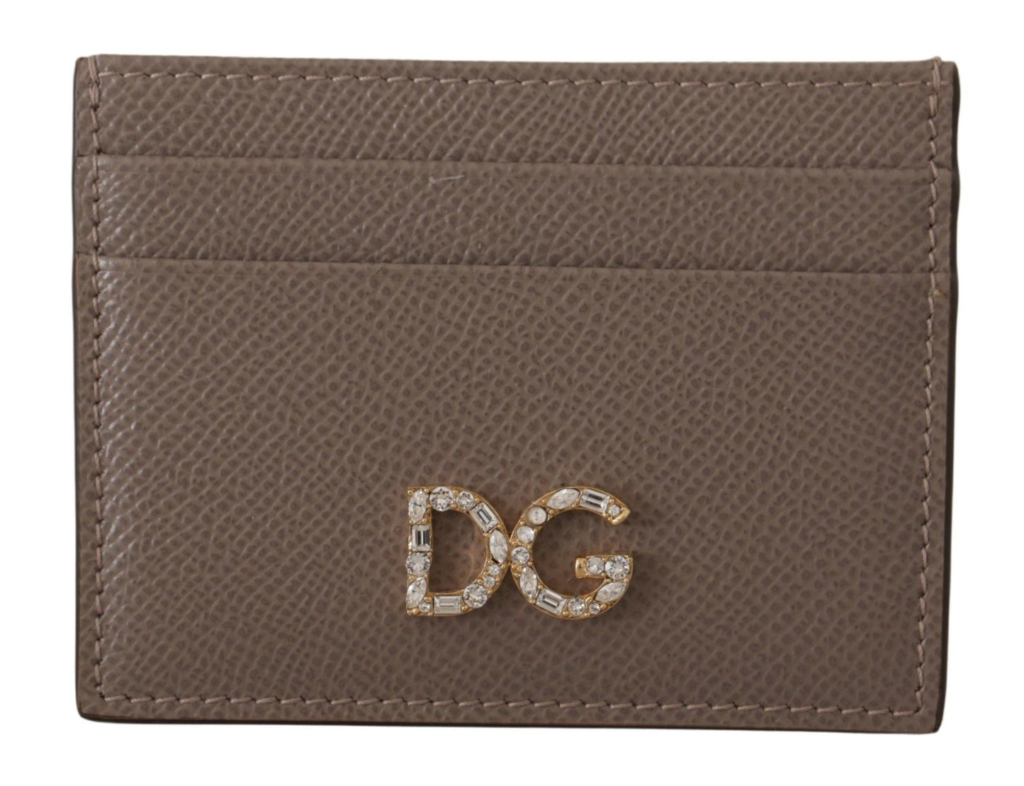 Elegant Beige Leather Cardholder with Crystal Logo