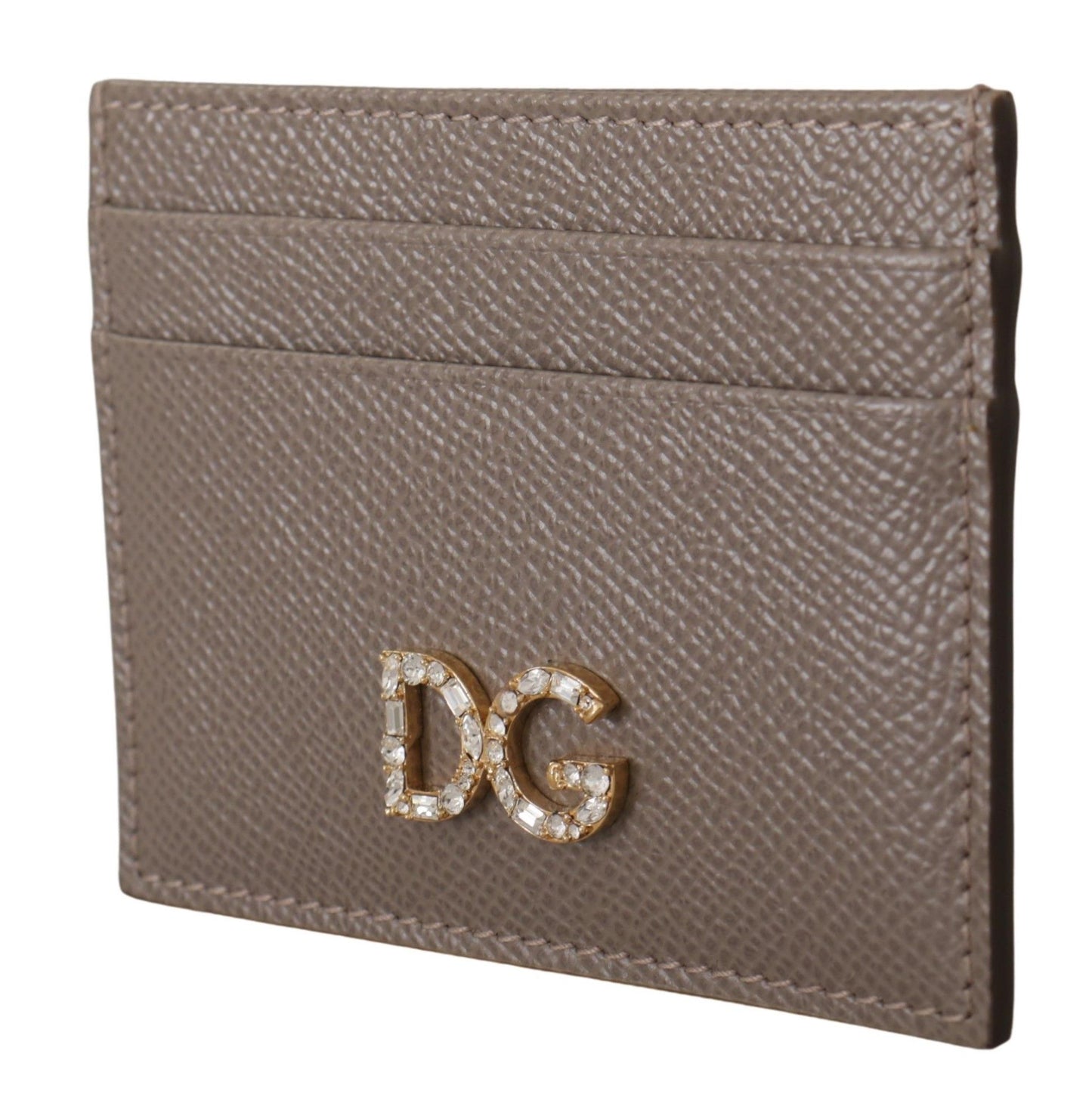 Elegant Beige Leather Cardholder with Crystal Logo