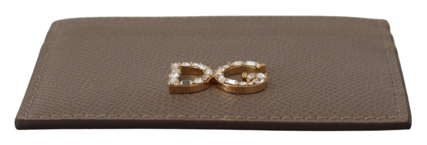 Elegant Beige Leather Cardholder with Crystal Logo