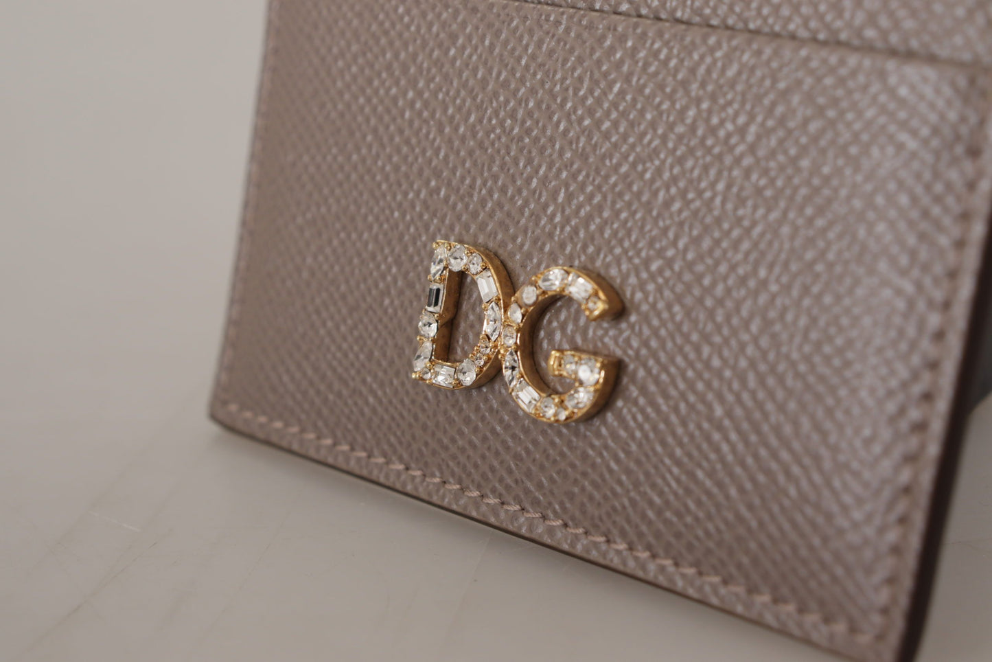 Elegant Beige Leather Cardholder with Crystal Logo