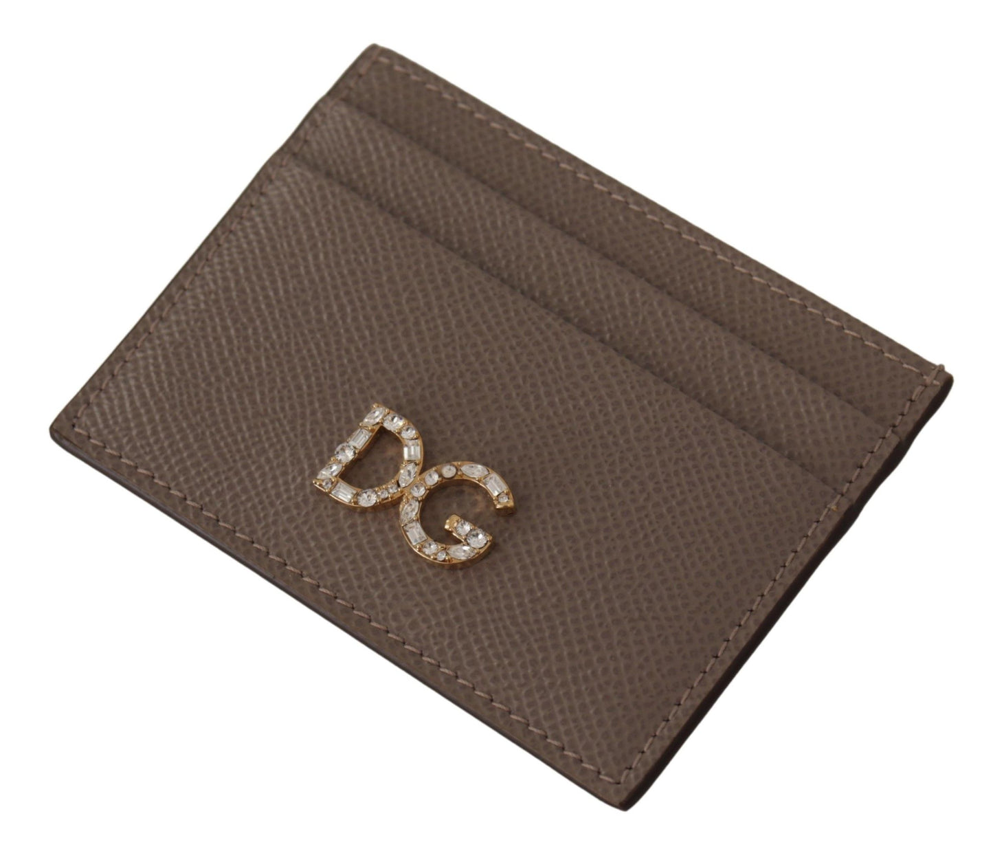 Elegant Beige Leather Cardholder with Crystal Logo