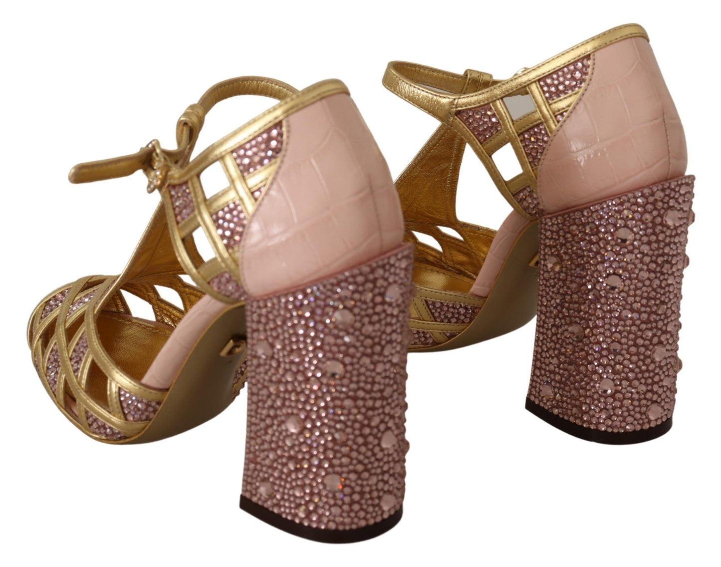 Pink Gold Leather Crystal Pumps T-strap Shoes