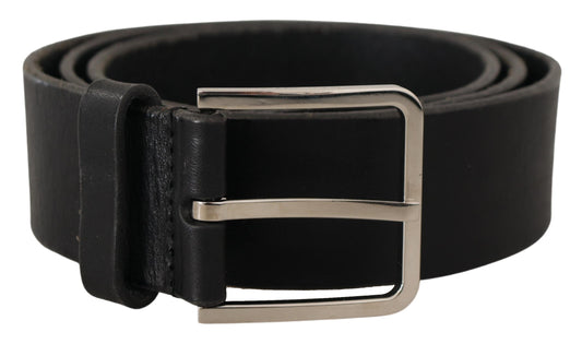 Elegant Black Leather Belt with Metal Buckle