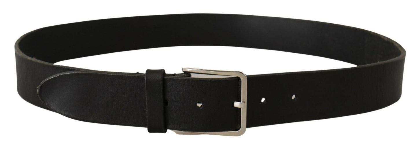 Elegant Black Leather Belt with Metal Buckle