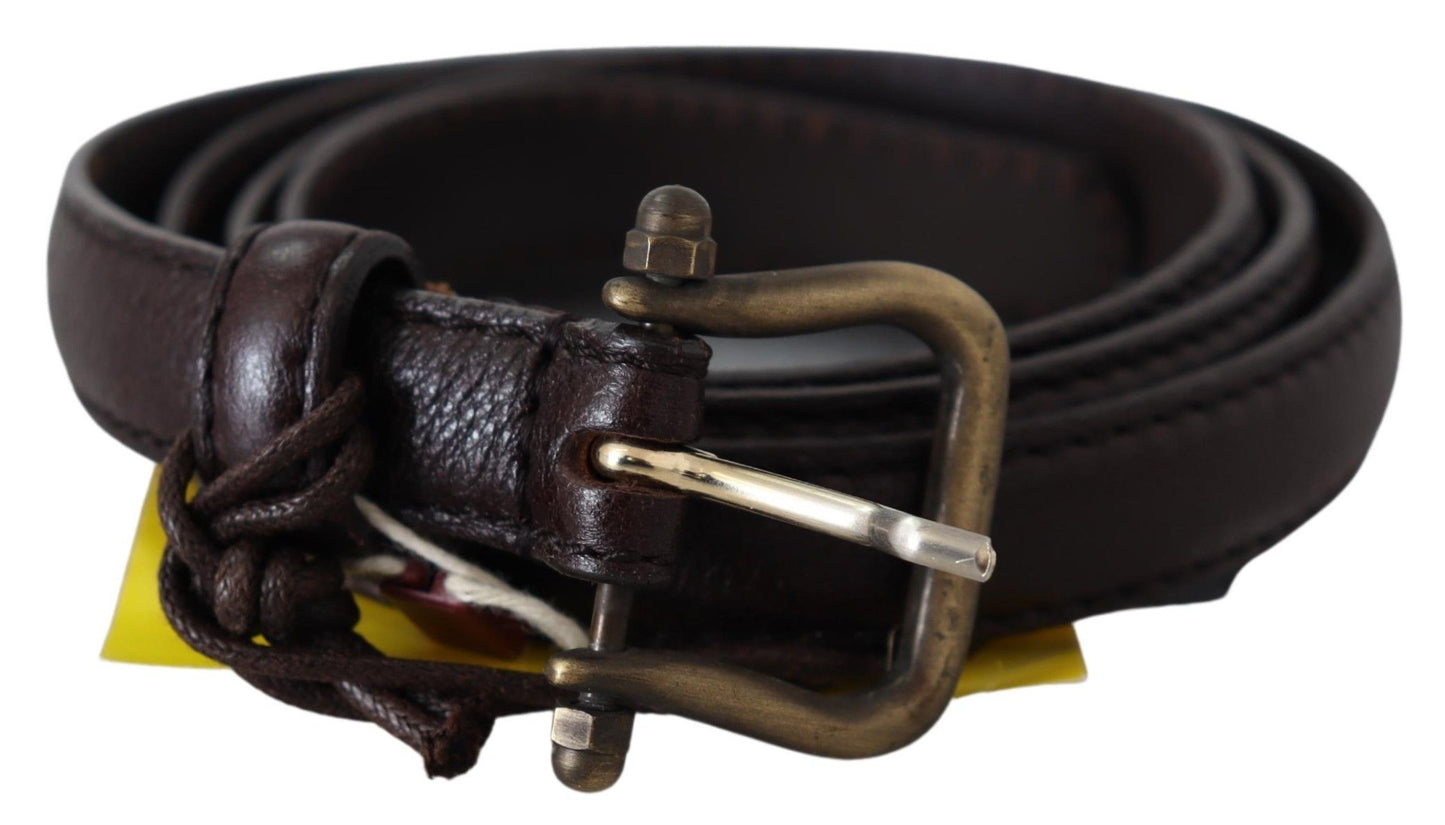 Elegant Dark Brown Leather Belt with Bronze-Tone Hardware