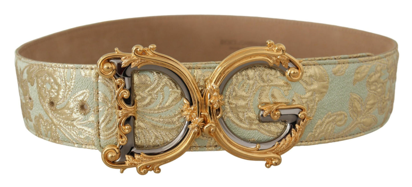 Engraved Buckle Leather Belt - Green & Gold