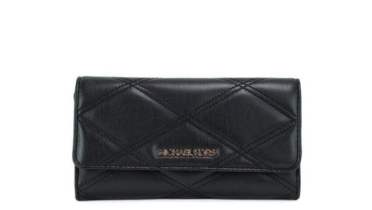 Jet Set Travel Large Black Quilted Vegan Leather Trifold Wallet