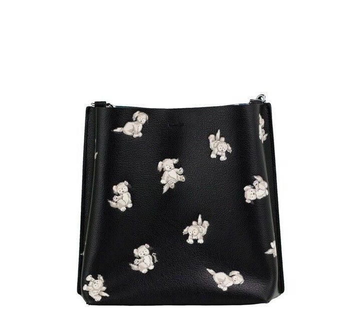 Mollie 22 Dog Print Black Leather Bucket Crossbody Handbag Purse