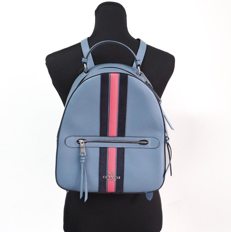 Jordyn Varsity Stripe Indigo Crossgrain Leather Backpack Bookbag