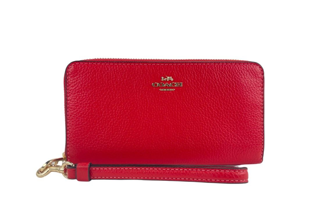 (C4451) Long Miami Red Pebbled Leather Zip Around Wristlet Clutch Wallet